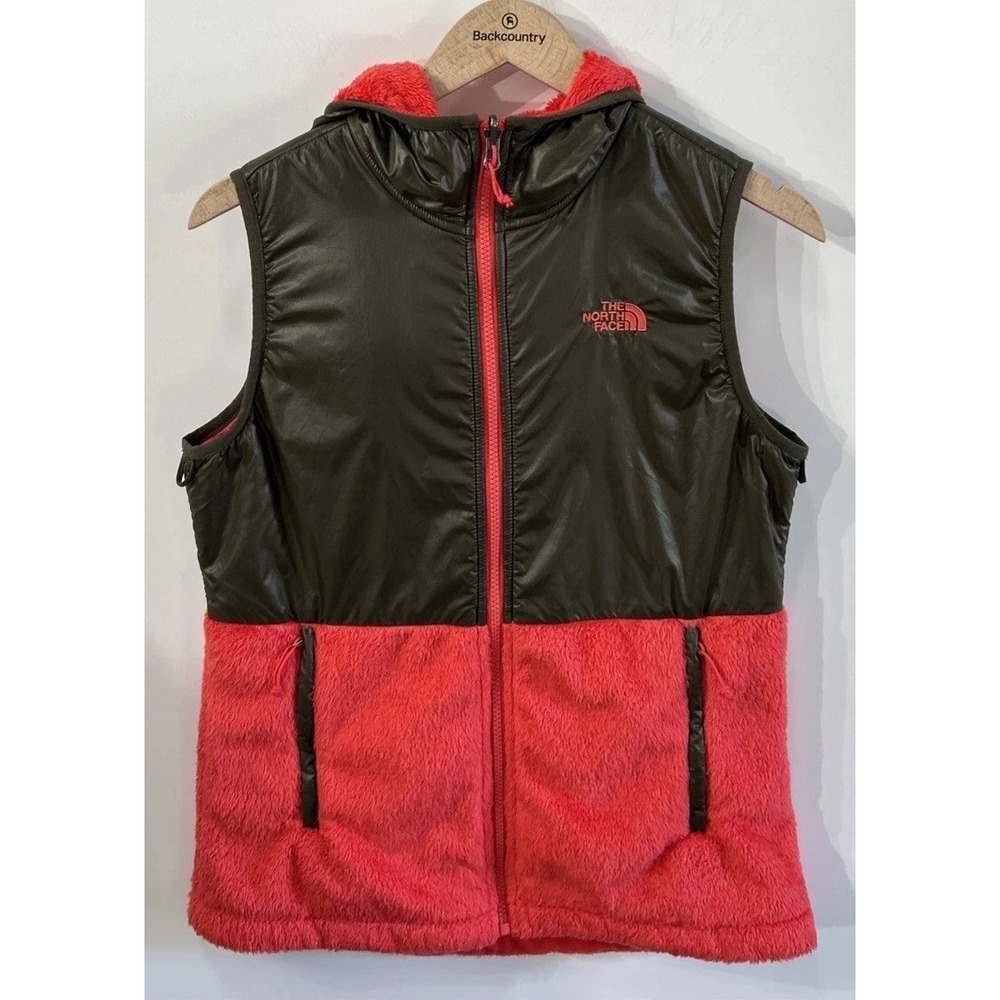 The North Face Zip Up Women's Hooded Fleece Vest Coral Olive Size Med EC